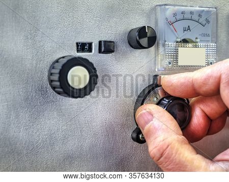 An Radio Amateur Tuning The High Frequency Power Amplifier Close Up View