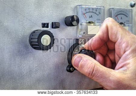 An Radio Amateur Tuning The High Frequency Power Amplifier Close Up View