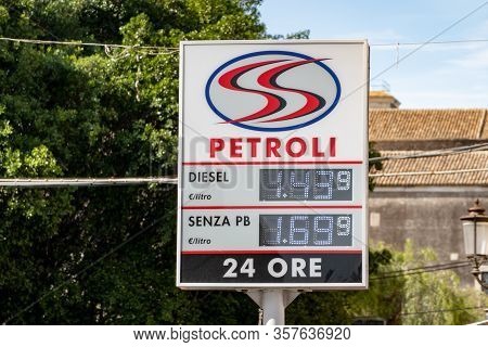 Catania, Sicily - February 12, 2020: The Banner Of A Small S.s. Petroli Gas Station Which Sells Dies