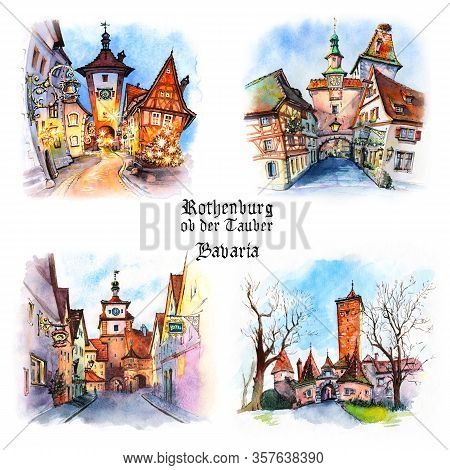 Set Of Watercolor Sketches Of Medieval Old Town Of Rothenburg Ob Der Tauber, Bavaria, Germany