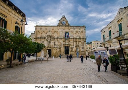 Matera, Italy - May 6, 2018: National Museum Of Medieval Modern Art With Clock Pascoli Museo Naziona