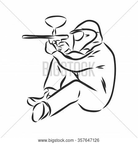 Illustration Of Paintball Player. Extreme Sport Background. Drawing Vector
