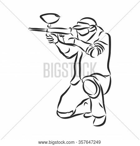 Illustration Of Paintball Player. Extreme Sport Background. Drawing Vector