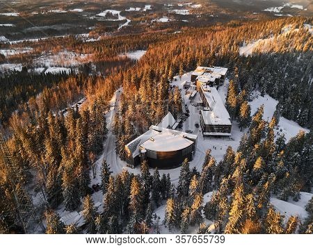 Aerial View Of Hill Ukko In The National Park Koli Finland. Hotel Building On The Hill.