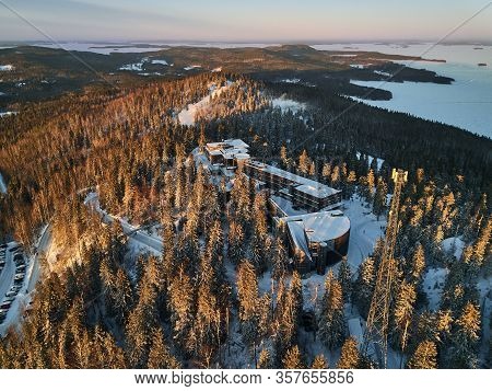 Aerial View Of Hill Ukko In The National Park Koli Finland. Hotel Building On The Hill.