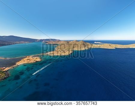 Aerial View Of A Pleasure Boat With Tourists. Elounda, Crete, Greece