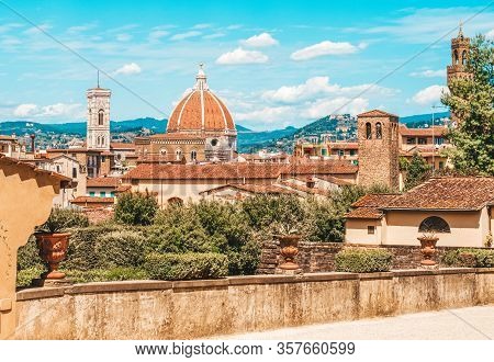 Santa Maria Del Fiore. Panorama. Italy, Florence. The Concept Of Tourism, Travel, Leisure. Mixed Med