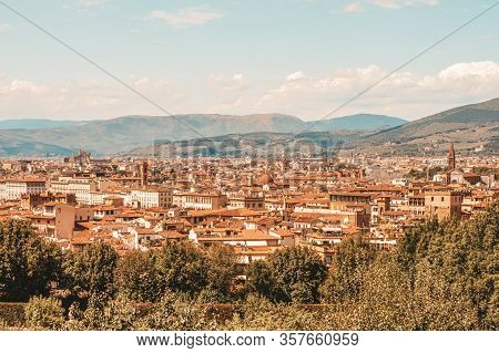 View Of Florence From The Boboli Gardens. Tourism And Leisure Concept. Mixed Media