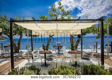 Panoramic view on sea from Lutra Edipsou (Aidipsos), Evia island, Greece.