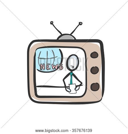 Host Reading News On Tv. Tv Show Breaking News. Social Media. Hand Drawn. Stickman Cartoon. Doodle S