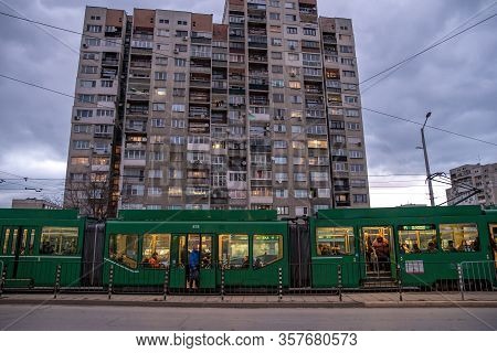 Sofia - February 27, 2020: Prefabricated House In The City On Settlements. Tram At The Stop In Front