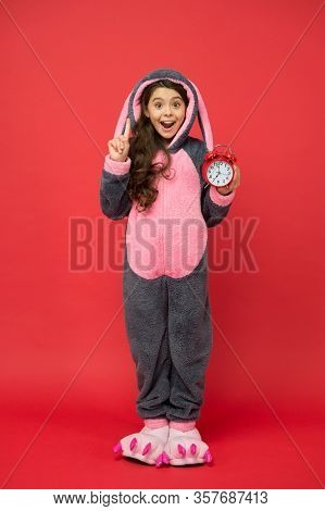 Got An Idea. Happy Child In Bunny Pajama. Different Times Of Day And Children Schedule Concept. Alar