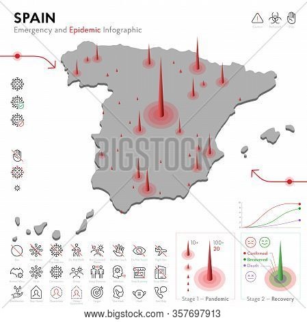 Map Of Spain Epidemic And Quarantine Emergency Infographic Template. Editable Line Icons For Pandemi
