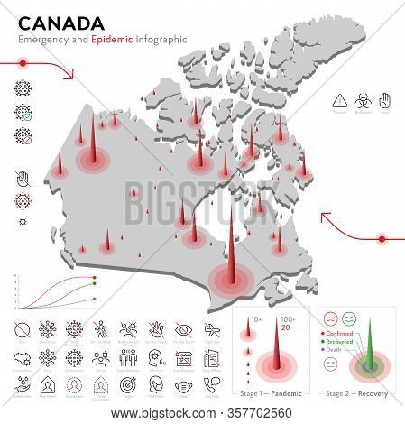 Map Of Canada Epidemic And Quarantine Emergency Infographic Template. Editable Line Icons For Pandem