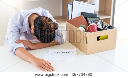 Stress Of Business Woman Packing Brown Cardboard Box Her Belonging After Resign And Signing Cancella