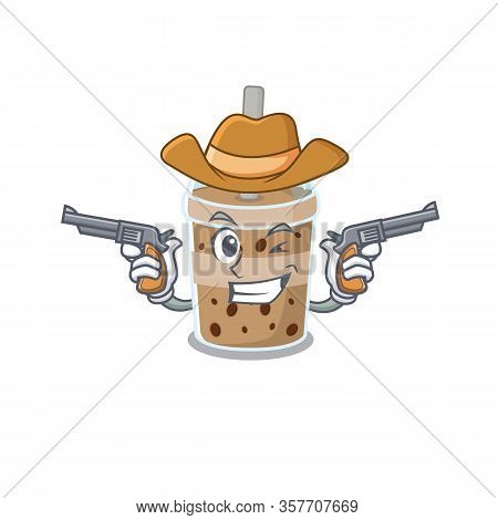 Funny Chocolate Bubble Teaas A Cowboy Cartoon Character Holding Guns