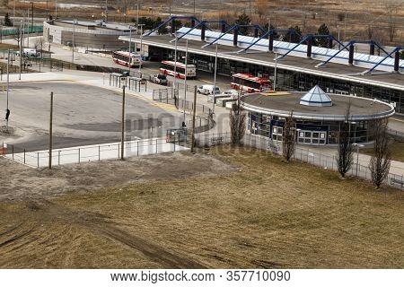 TORONTO, ONTARIO, CANADA â March 22, 2020. Aerial view of Sheppard West subway station. No people during Covid-19 (Corona virus) pandemic quarantine. Outbreak forced people to stay home.