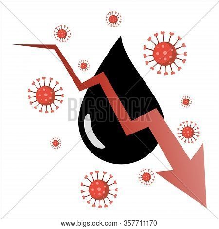 Covid-19 Pandemic Impact On Global Crude Oil Price. Downward Graph With Crude Oil Symbol.