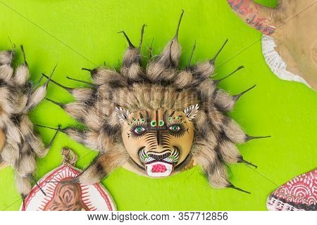 Purulia, West Bengal, India - August 15th 2017 : Colorful Chhau (or Chhou) Mask Of Lion, Handicrafts