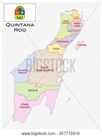 Quintana Roo, Administrative And Political Vector Map With Flag, Mexico