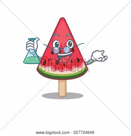 Smart Professor Of Watermelon Ice Cream Mascot Design Holding A Glass Tube