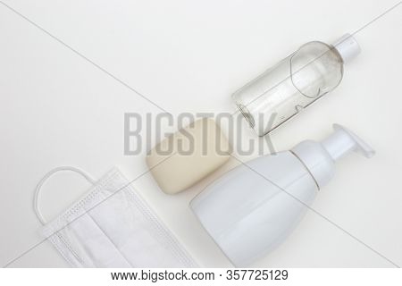 Bottle Of Antibacterial Soap And Bottle Antibacterial Gel For Hands, Bar Of Soap, Madical Mask. Flat