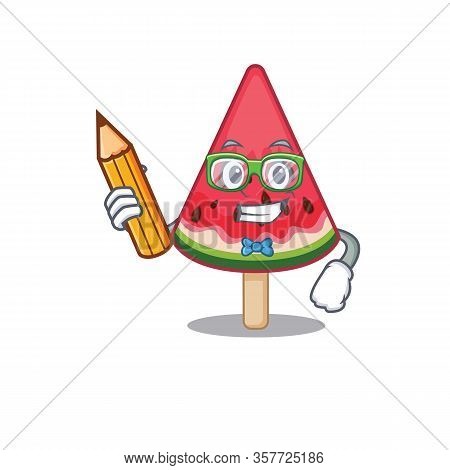 A Smart Student Watermelon Ice Cream Character With A Pencil And Glasses