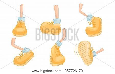 Cartoon Foot In Laced Shoe And Sock In Different Walking Poses Vector Set