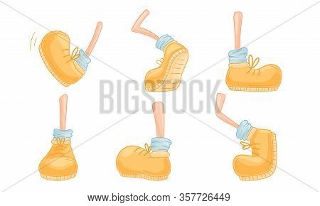 Cartoon Foot In Laced Shoe And Sock In Different Walking Poses Vector Set