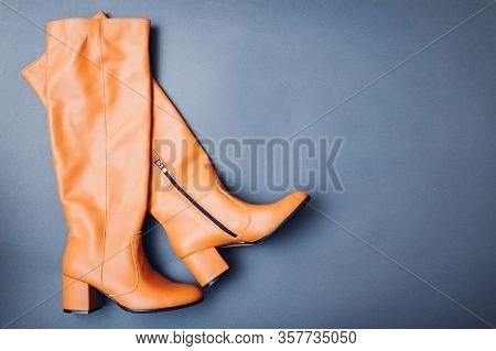 Shoes, Stylish Leather Boots For Women. Female Winter, Autumn Or Spring Fashion. Orange Caramel Foot