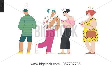 Waiting In Line - Modern Flat Vector Concept Illustration Of A Young Men A Women Standing In Line Wi