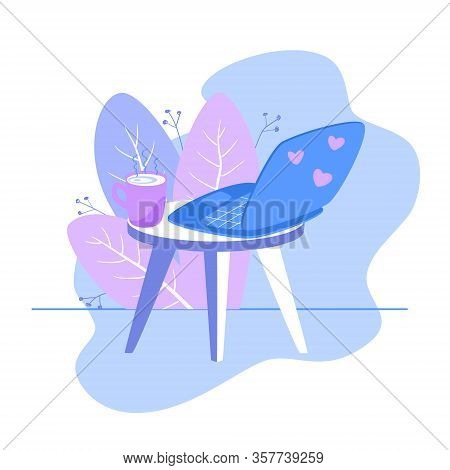 Round Table With Three Legs, Laptop And A Mug With   Drink. Concept Of Work From Home. Hand Drawn Fl