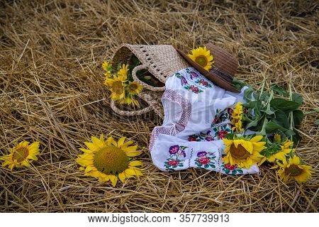 Still Life Of Hats And Baskets With Sunflowers On A Mowed Field
