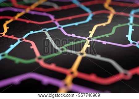 Colorful Metro Scheme, Railway Transport Or City Bus Map Printed On Black Glossy Paper Surface. Clos