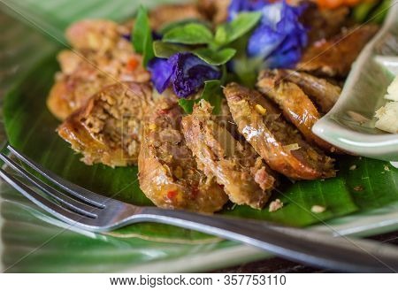 Close-up Of Northern Thai Spicy Sausage (sai Aua). Fusion Food Style.