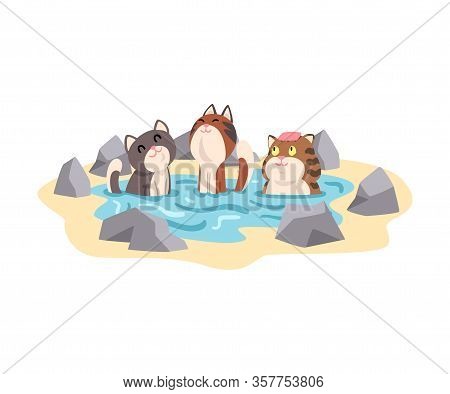Funny Cats Taking Japanese Hot Spring Bath Outdoor, Cute Pet Animals Enjoying Spa Procedure Vector I