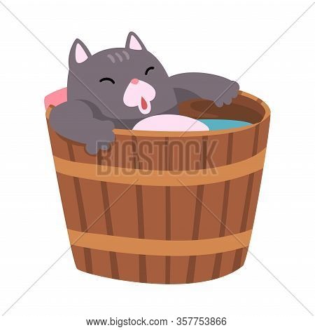 Cat Taking Japanese Hot Spring Bath, Funny Pet Animal Enjoying Spa Procedure In Wooden Barrel Vector