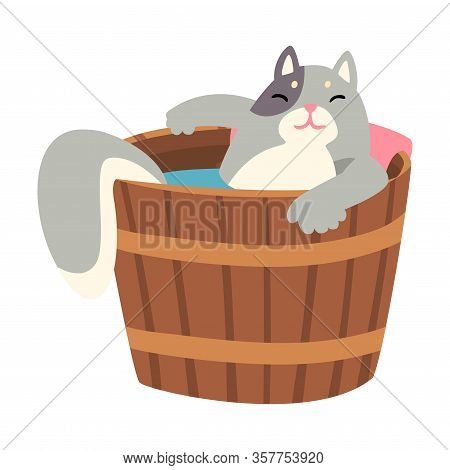 Funny Cat Taking Japanese Hot Spring Bath, Pet Animal Enjoying Spa Procedure In Wooden Barrel Vector