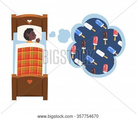 Cute Boy Sleeping In Bed And Dreaming About Ice Cream, Kid Lying In Bed Having Sweet Dreams Vector I