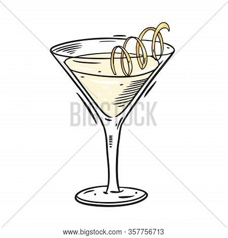 Vesper Cocktail With Lemon Zest In Glass. Hand Drawn Flat Style. Cartoon Vector Illustration. Isolat