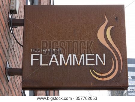 Aarhus, Denmark - 24 March 2020: The Logo Of The Flammen Building In Aarhus.