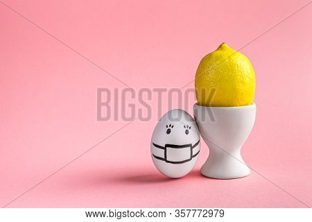 Egg In Mask And Lemonin An Egg Stand. Concept Of Easter, Vitamins, Health Promotion