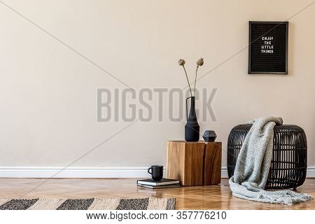 Modern Scandinavian Living Room Interior With Black Poster Frame, Design Pouf, Wooden Cube And Elega