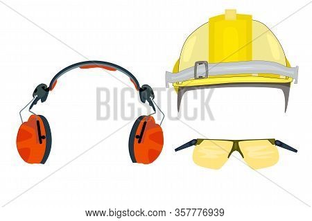 Personal Protective Equipment For Industrial Security, Safety Glasses, Helmet, Headphones Isolated O