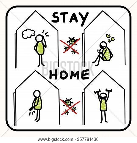 Corona Virus Stay At Home Banner Poster. Advice To Stay Indoors To Flatten Curve. Covid 19 Infograph