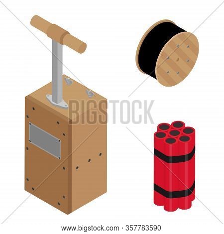 Blasting Machine Or Detonator Box, Dynamite Sticks And Black Wire Electric Cable Reel Isolated On Wh