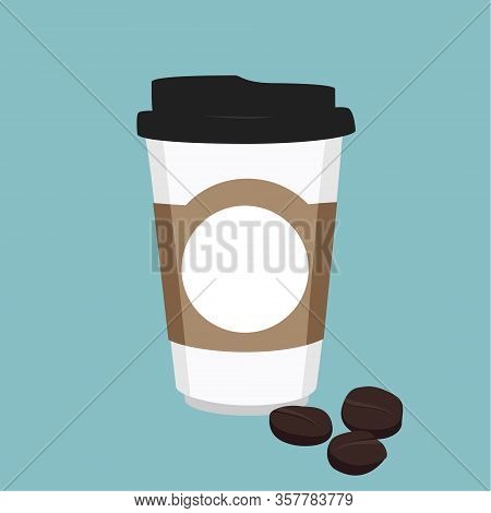 Vector Illustration Disposable Coffee Cup Icon With Coffee Beans On Blue Background. Coffee Cup Logo