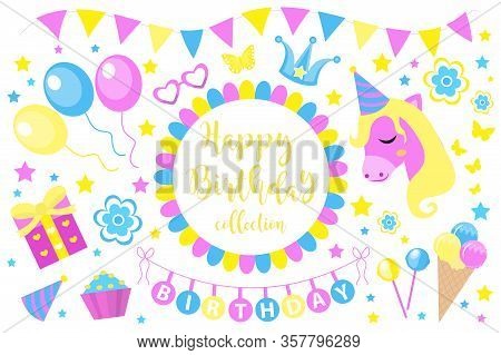 Happy Birthday Modern Cute Icons Set, Cartoon Flat Style. Party Collection Of Design Elements With U