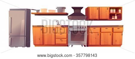 Kitchen Rustic Appliances And Western Wooden Furniture Set. Table, Oven, Range Hood, Refrigerator An
