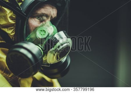 Caucasian Hospital Laboratory Worker In Chemical Lab Mask Fighting Virus Spreading. Closeup Photo. R